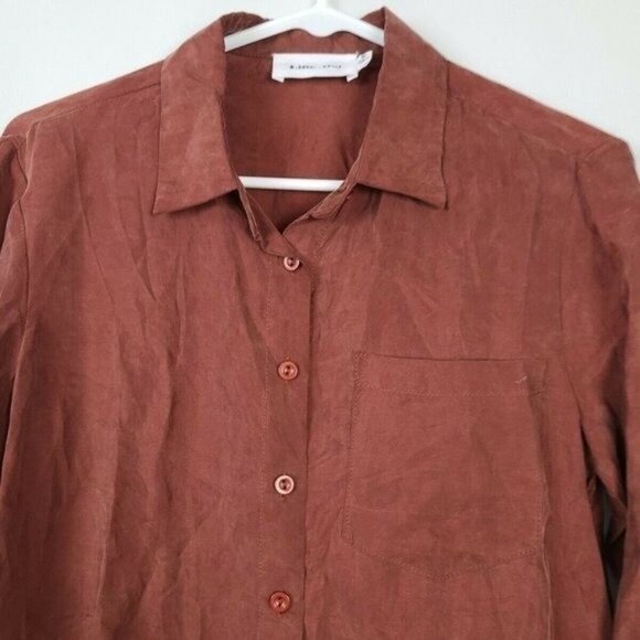 Line & Dot Woment Top Small Brown Button Up Long Sleeve Minimalist Shirt - Picture 3 of 8